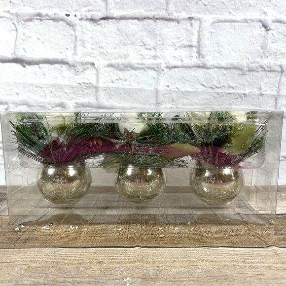 White Flower Rose Pine Mercury Glass Ornament Vases Winter Holiday 3 Pc Set NEW - Picture 11 of 11